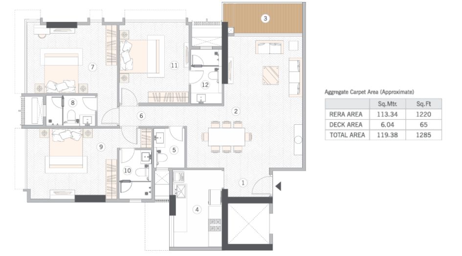 Esquina-Floor-Plan-3 BHK- 1285 Sqft